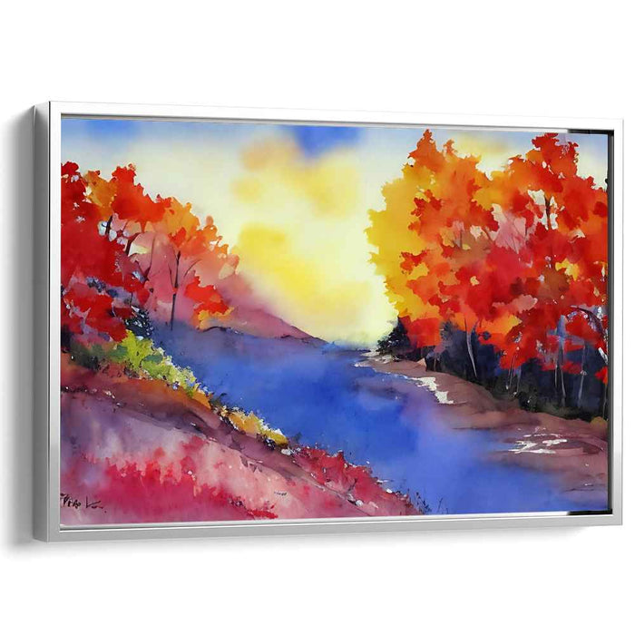 Autumn Aurora: Vibrant Fall Landscape Watercolor Canvas Art Print