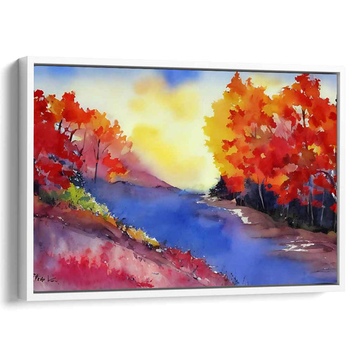 Autumn Aurora: Vibrant Fall Landscape Watercolor Canvas Art Print