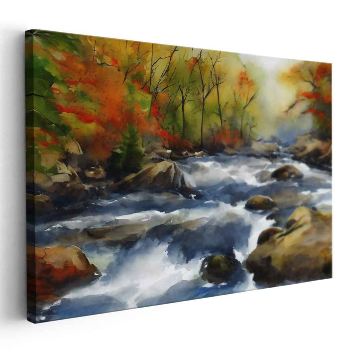 Enchanted Moss Melodies: Flowing River in Vibrant Forest Canvas Art Print
