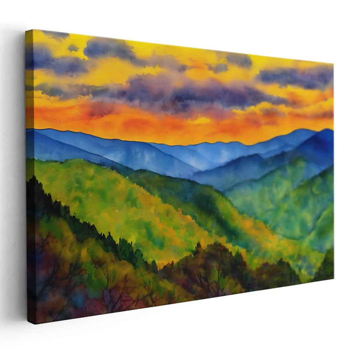 Ethereal Peaks Dance: Watercolor Landscape of Rolling Hills and Mountains