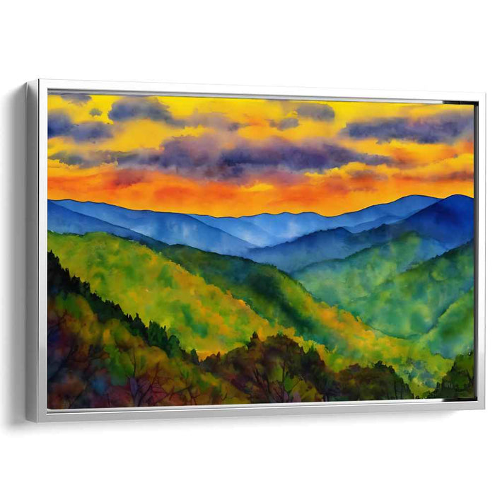 Ethereal Peaks Dance: Watercolor Landscape of Rolling Hills and Mountains