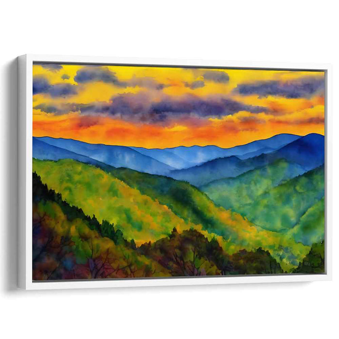 Ethereal Peaks Dance: Watercolor Landscape of Rolling Hills and Mountains