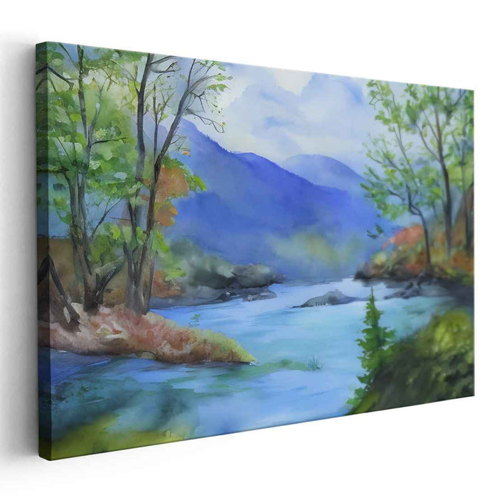 Tranquil Oasis: Idyllic Landscape Watercolor Canvas Art