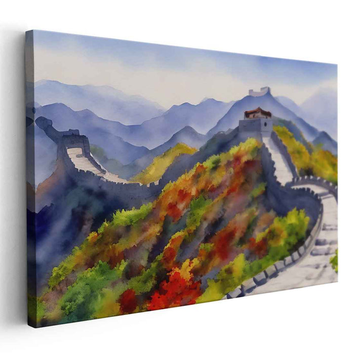 Majestic Wall: Serene Watercolor Landscape of the Great Wall of China