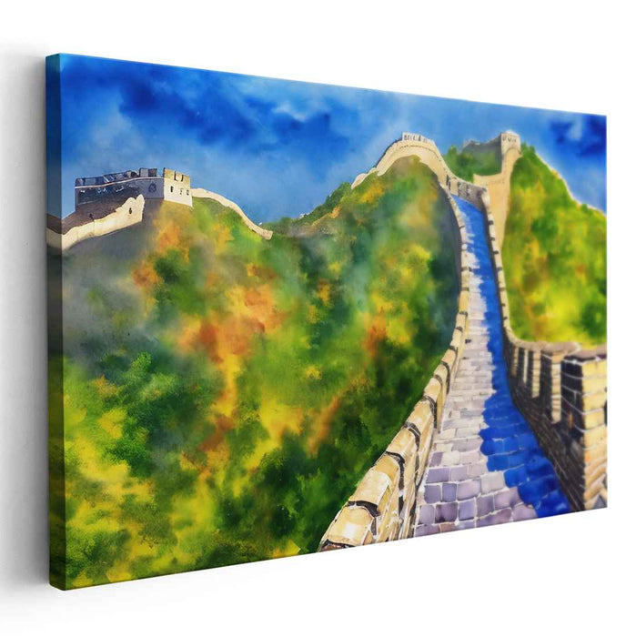 Misty Mountains Echo Adventure: Watercolor Panorama of the Great Wall of China