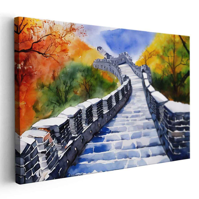 Misty Heights Brushstroke Dance: Watercolor Great Wall of China Canvas Art Print