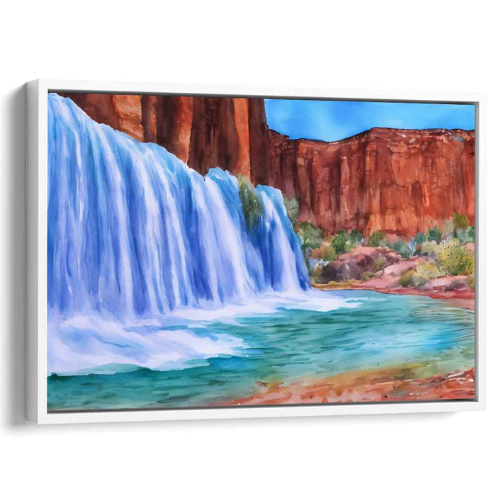 Crimson Cascade Whispers Serenity: Waterfall Against Red Rock Cliffs Canvas Art Print