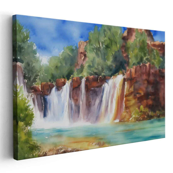 Cascade Serenade: Watercolor Landscape of a Majestic Waterfall