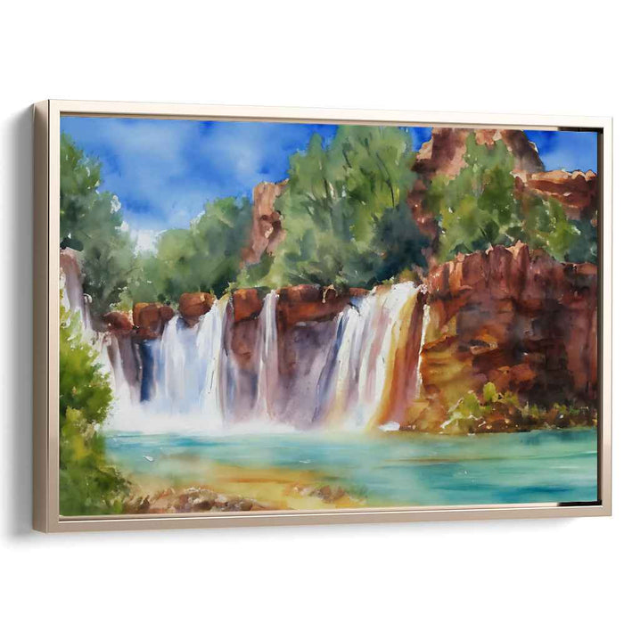 Cascade Serenade: Watercolor Landscape of a Majestic Waterfall