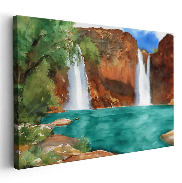 Aquatic Cascade Canvas: Watercolor Waterfall Oasis Canvas Art Print