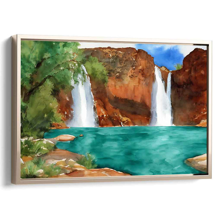 Aquatic Cascade Canvas: Watercolor Waterfall Oasis Canvas Art Print