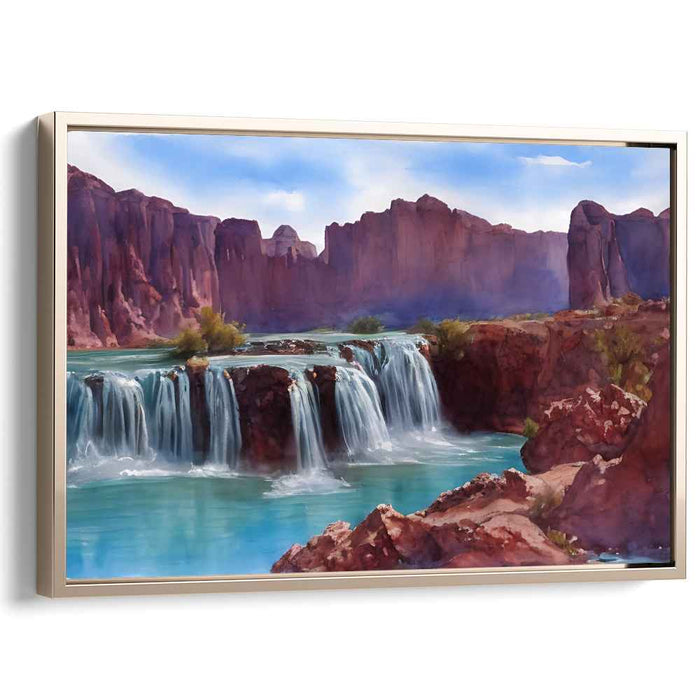 Crimson Cascades Contrast: Waterfalls Amidst Majestic Red Rock Cliffs Canvas Art Print