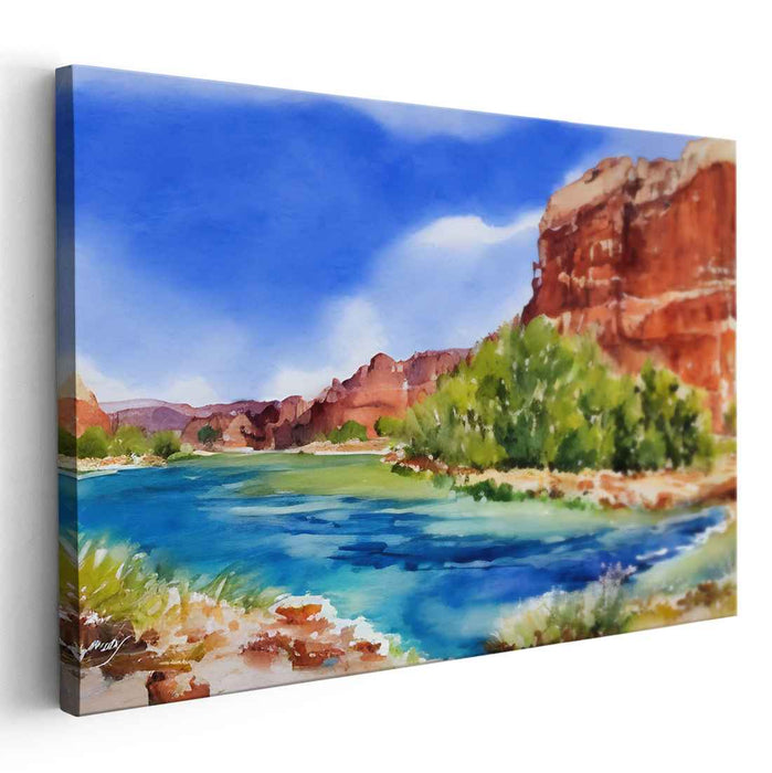 Crimson Canyon Symphony: Majestic Red Rock Landscape Watercolor Painting