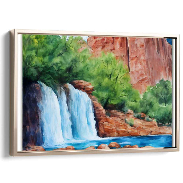 Emerald Cascades Edge: Lush Waterfall and Cliffs Landscape Art