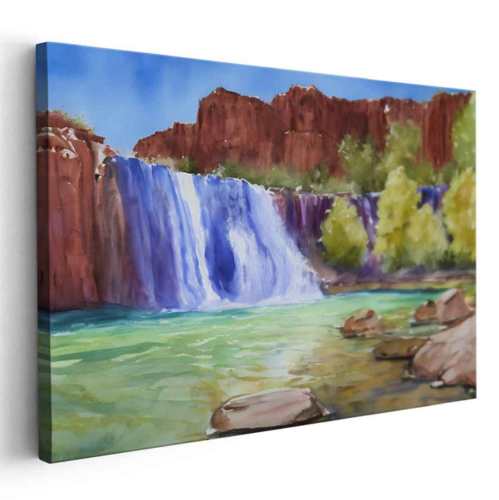 Aqua Oasis Mirage: Watercolor Oasis Landscape Art Print