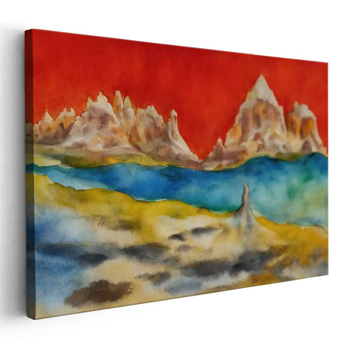 Surreal Mountain Dreamscape: Fiery Red Sky Over Serene Blue Waters