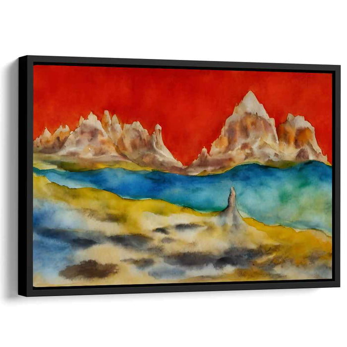Surreal Mountain Dreamscape: Fiery Red Sky Over Serene Blue Waters