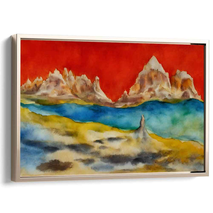 Surreal Mountain Dreamscape: Fiery Red Sky Over Serene Blue Waters