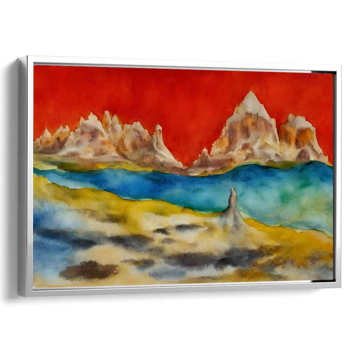 Surreal Mountain Dreamscape: Fiery Red Sky Over Serene Blue Waters