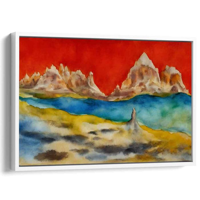 Surreal Mountain Dreamscape: Fiery Red Sky Over Serene Blue Waters