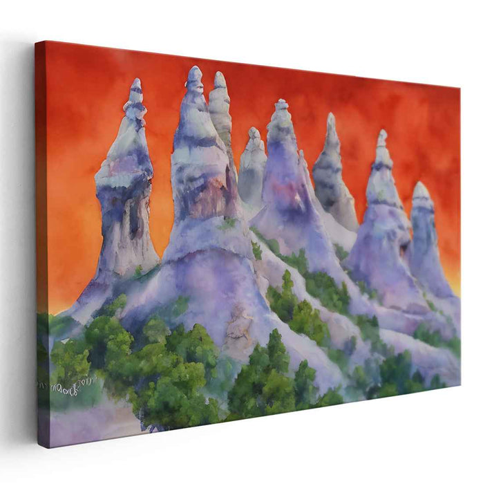 Ethereal Flame Dance Lavender Hues: Surreal Lavender Rock Formations Against Fiery Sky Canvas Art Print