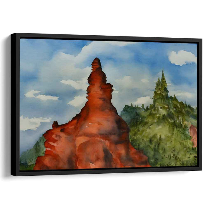 Crimson Oasis: Watercolor Landscape of Red Rock and Lush Greens