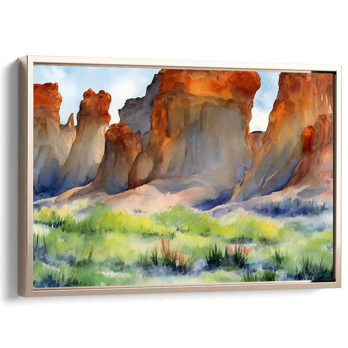 Cliffside Oasis: Watercolor Landscape of Rugged Cliffs and Verdant Fields