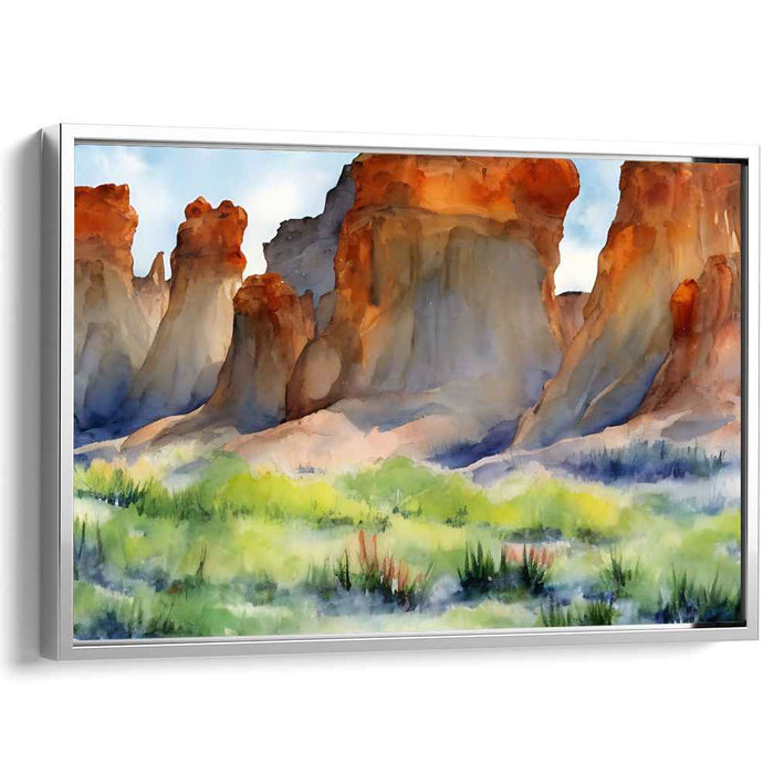 Cliffside Oasis: Watercolor Landscape of Rugged Cliffs and Verdant Fields