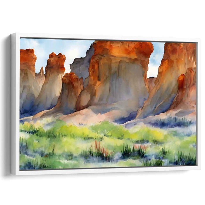 Cliffside Oasis: Watercolor Landscape of Rugged Cliffs and Verdant Fields
