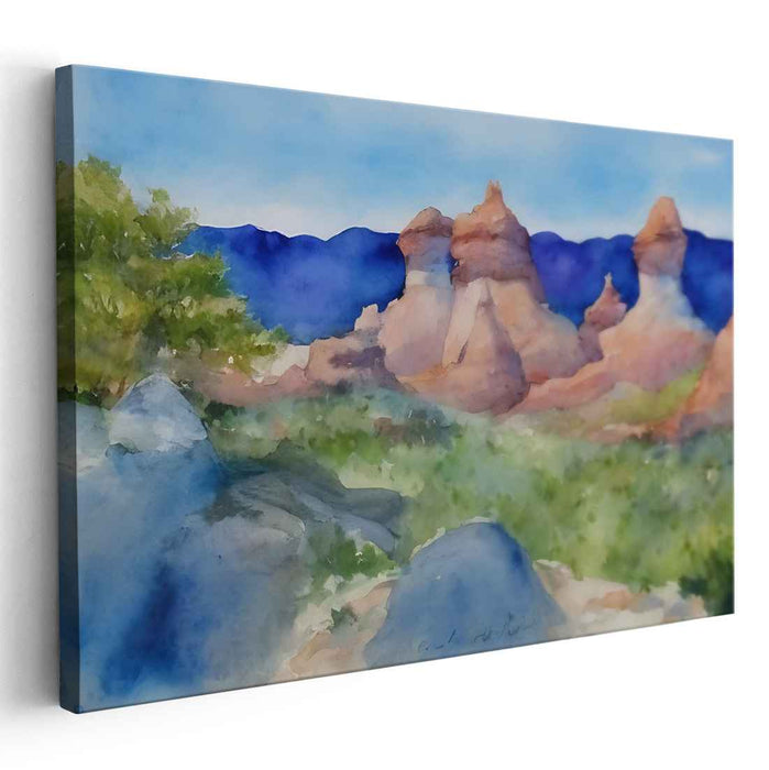 Distant Canyon Vistas: Watercolor Landscape of Desert Cliffs