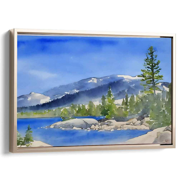 Serene Alpine Waterscape: Watercolor Panorama of Mountain Lake