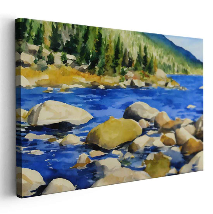 Verdant Serenity: Tranquil Blue Waters and Verdant Forest Canvas Art Print