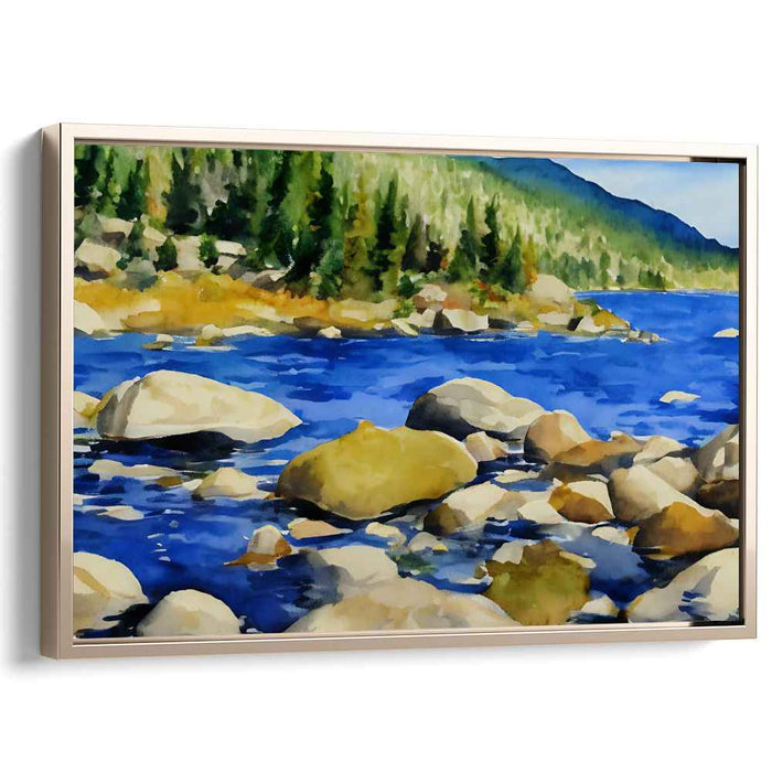 Verdant Serenity: Tranquil Blue Waters and Verdant Forest Canvas Art Print