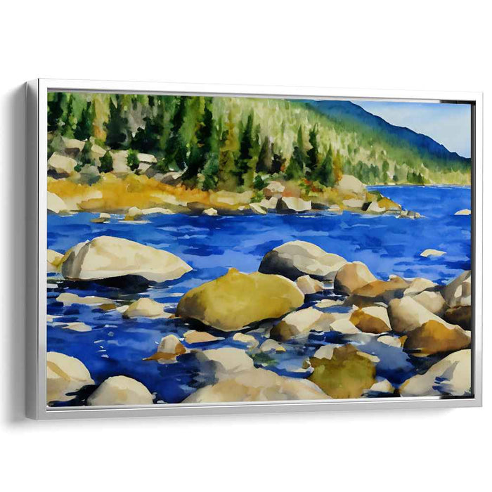 Verdant Serenity: Tranquil Blue Waters and Verdant Forest Canvas Art Print
