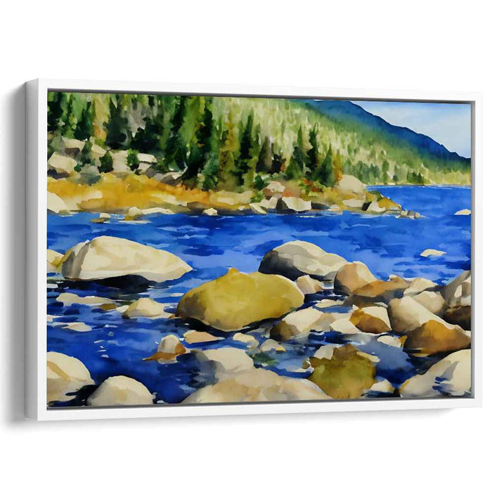 Verdant Serenity: Tranquil Blue Waters and Verdant Forest Canvas Art Print
