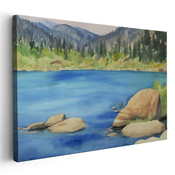 Serenity Lakeside: Watercolor Landscape Canvas Art