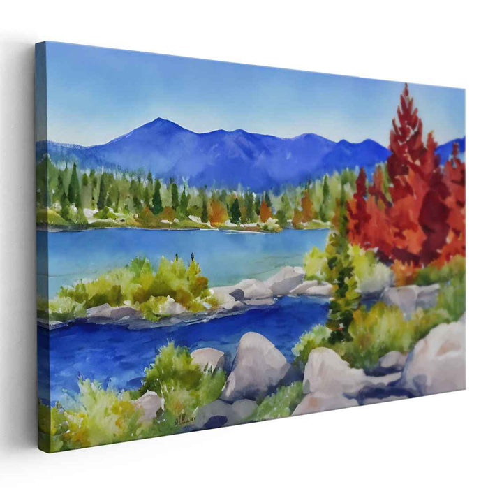 Serene Autumn Lakeside: Tranquil Mountain Landscape Watercolor Art Print