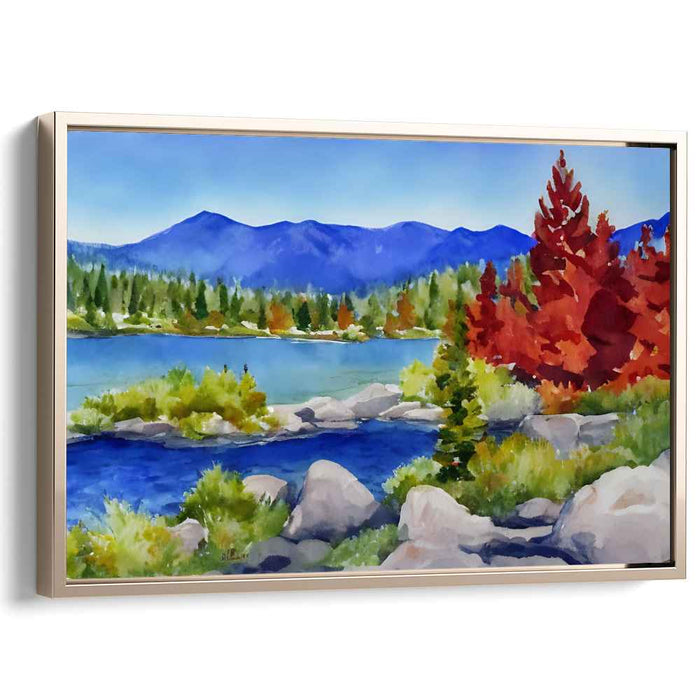 Serene Autumn Lakeside: Tranquil Mountain Landscape Watercolor Art Print