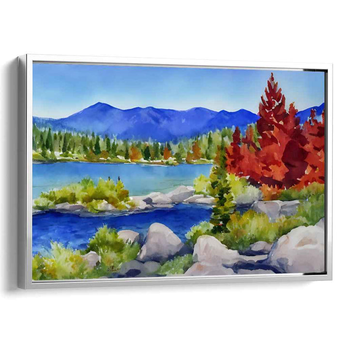 Serene Autumn Lakeside: Tranquil Mountain Landscape Watercolor Art Print