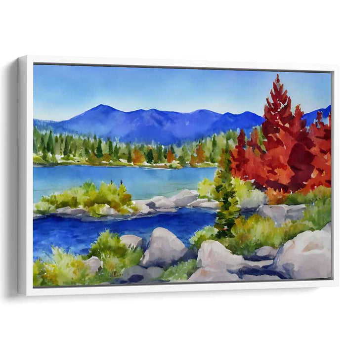 Serene Autumn Lakeside: Tranquil Mountain Landscape Watercolor Art Print