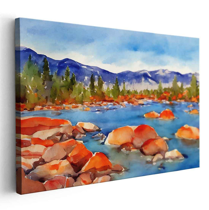 Tangerine Terrain Glow: Watercolor Landscape with Vibrant Orange Rocks