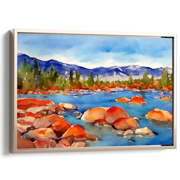 Tangerine Terrain Glow: Watercolor Landscape with Vibrant Orange Rocks