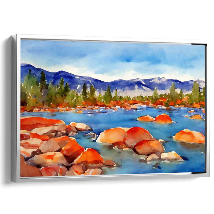 Tangerine Terrain Glow: Watercolor Landscape with Vibrant Orange Rocks