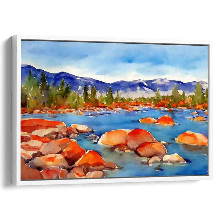 Tangerine Terrain Glow: Watercolor Landscape with Vibrant Orange Rocks