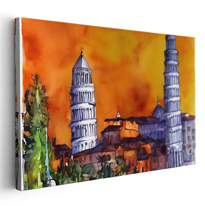 Fiery Sunset Over Pisa: Watercolor Architectural Masterpiece