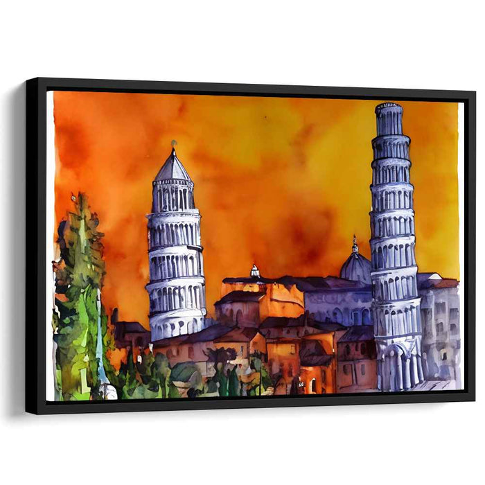 Fiery Sunset Over Pisa: Watercolor Architectural Masterpiece