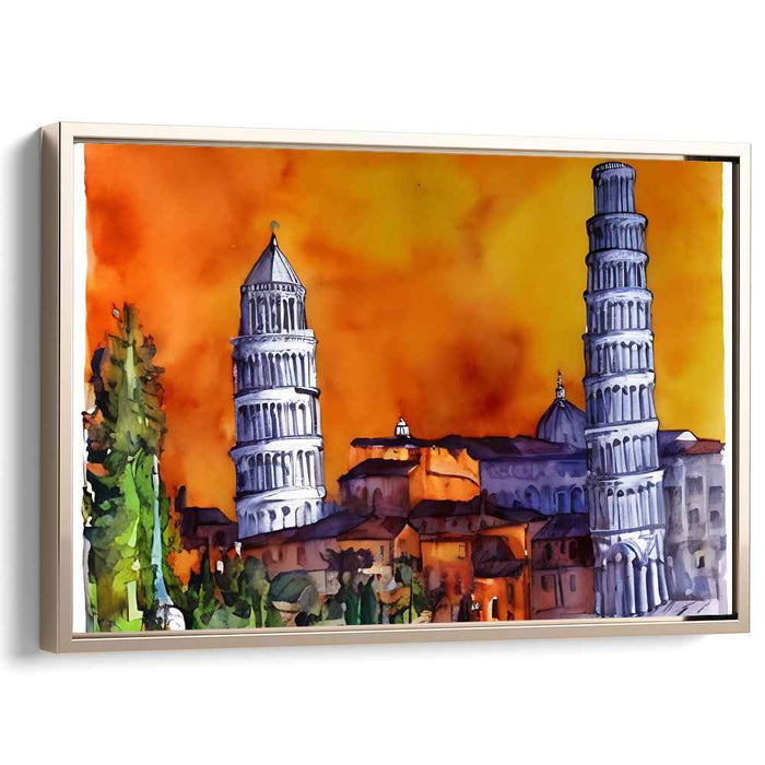 Fiery Sunset Over Pisa: Watercolor Architectural Masterpiece