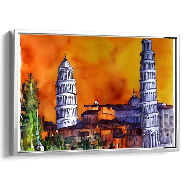 Fiery Sunset Over Pisa: Watercolor Architectural Masterpiece