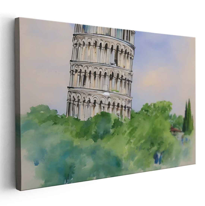 Whispers Of Tuscan Heights: Watercolor Leaning Tower of Pisa Amidst Verdant Greens