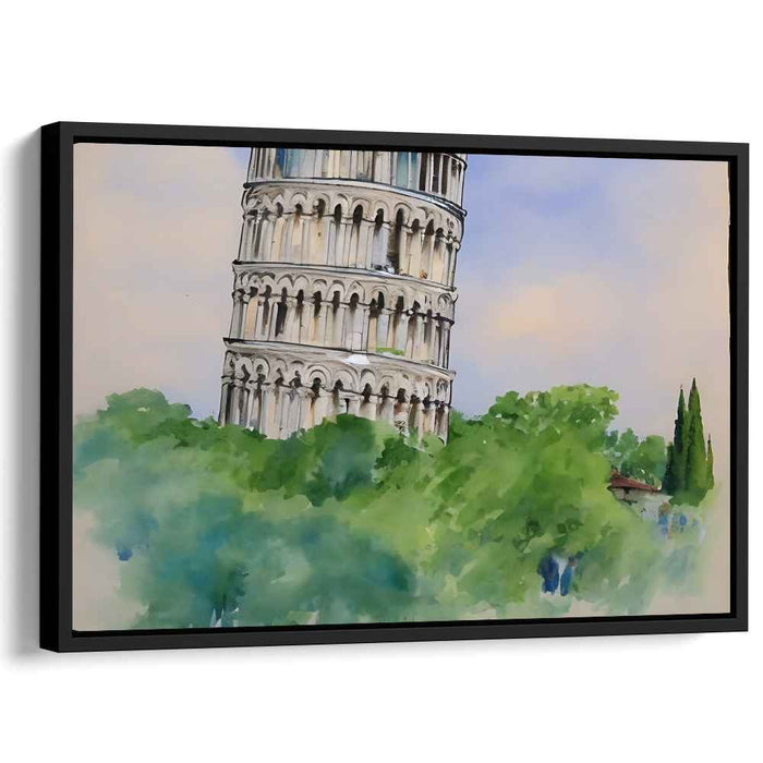 Whispers Of Tuscan Heights: Watercolor Leaning Tower of Pisa Amidst Verdant Greens